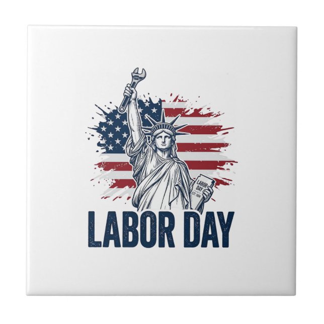 Labour Day Statue of Liberty Patriotic Worker Desi Ceramic Tile (Front)