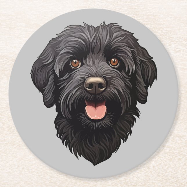 Labradoodle Black Dog Round Paper Coaster (Front)