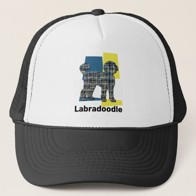 Labradoodle Cute Dog Silhouette Tricolour Grid Trucker Hat (Front)