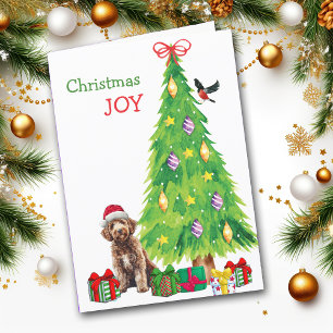 Labradoodle Dog, Bird and Christmas Tree Holiday Card