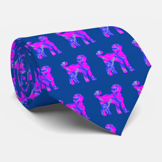 Labradoodle Dog Cute Pink Silhouette Blue Neck Tie (Rolled)