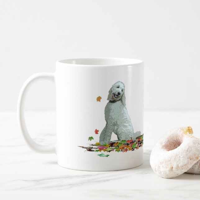 Labradoodle Dog In Leaves Coffee Mug (With Donut)