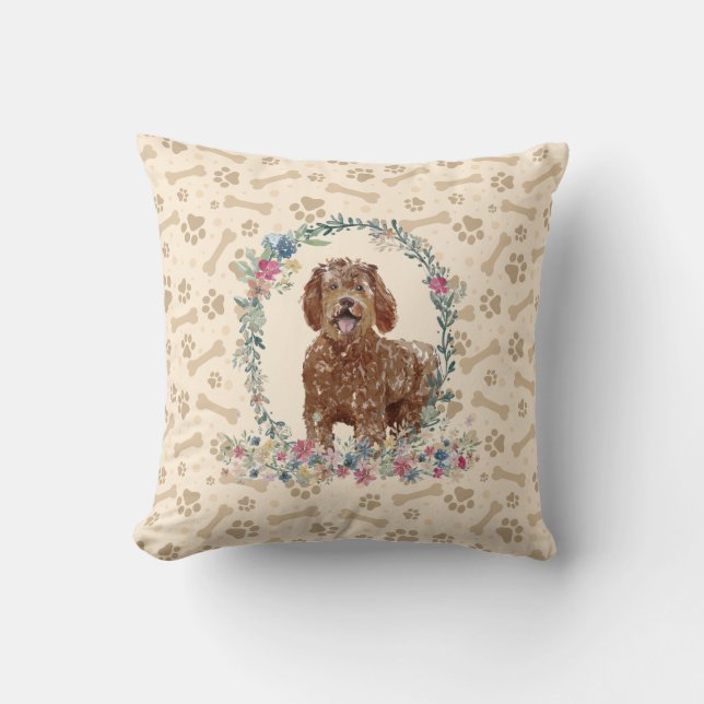 Labradoodle Dog Paw Print & Floral Cute Cushion (Front)