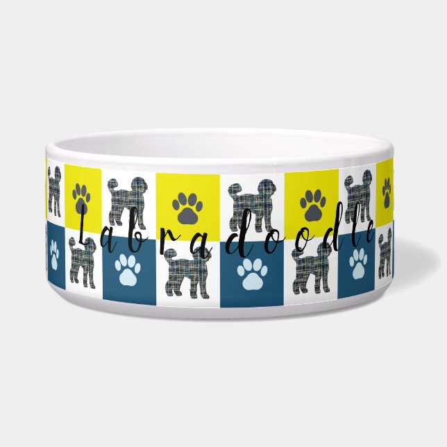 Labradoodle Dog & Paw Yellow & Blue Grid Dog Bowl (Front)