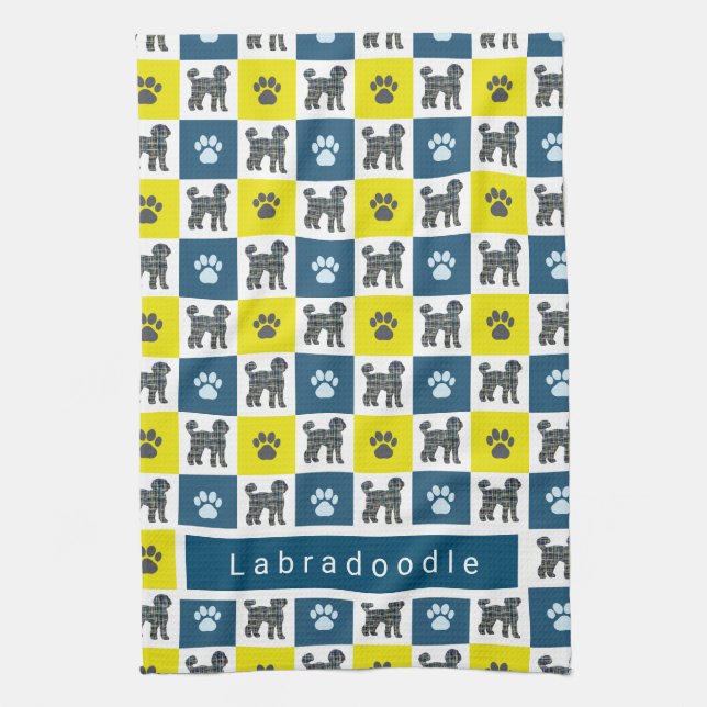 Labradoodle Dog & Paw Yellow & Blue Grid Tea Towel (Vertical)