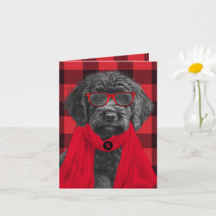 Labradoodle Dog Red Buffalo Plaid Monogrammed Card