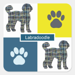 Labradoodle Dog Silhouette & Paw Y&B Grid Square Sticker