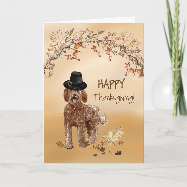 Labradoodle Funny Pilgrim Hat Thanksgiving Card (Front)