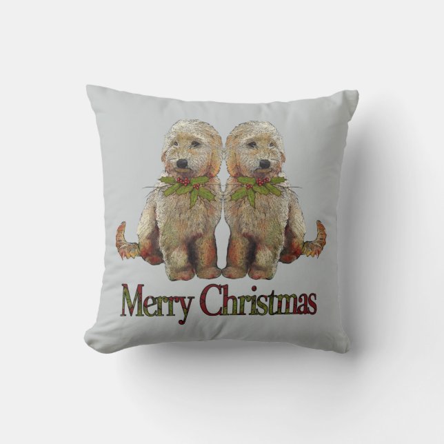 Labradoodle Puppy Couple with Christmas Holly Cushion (Front)