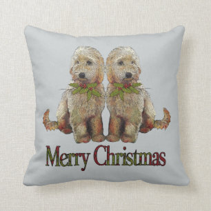 Labradoodle Puppy Couple with Christmas Holly Cushion
