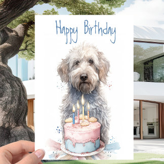 Labradoodle with Cake - Dog Lovers Happy Birthday Card