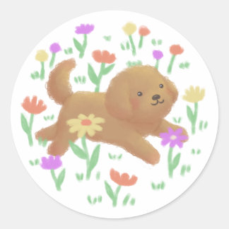 Labradoodle with Flowers Illustration Classic Round Sticker