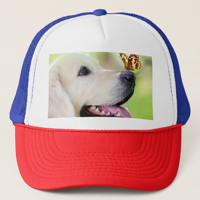 Labrador And Butterfly Throw Pillow Trucker Hat (Front)