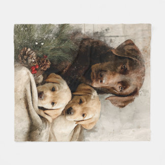 Labrador and Puppies Vintage Christmas Fleece Blanket