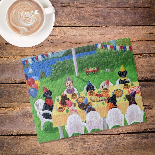 Labrador Birthday Party Jigsaw Puzzle (Labrador Birthday Party Jigsaw Puzzle featuring Labs celebrating Birthday in the garden.)