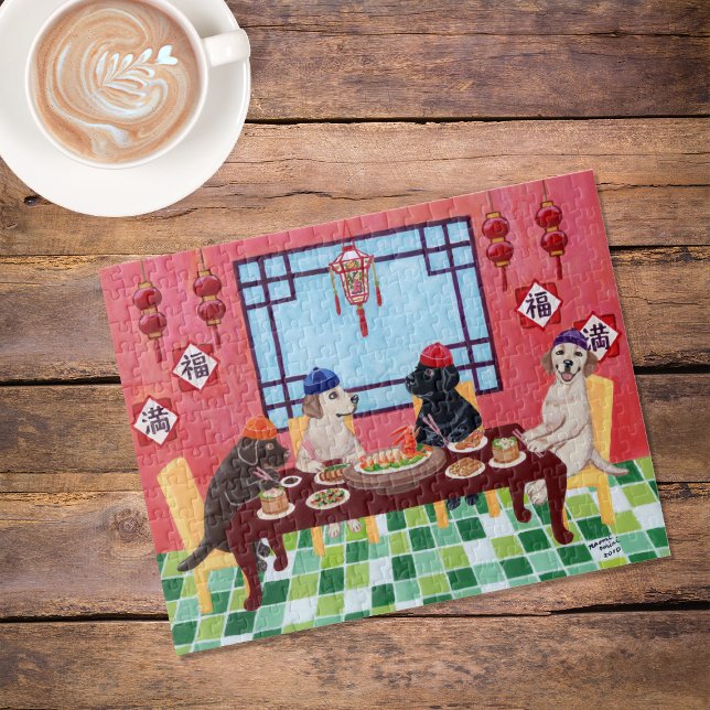 Labrador Chinese Restaurant Painting Jigsaw Puzzle (Labrador Chinese Restaurant Jigsaw Puzzle featuring Labs in action at happy dinner party.)