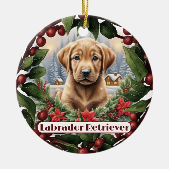 Labrador Christmas, Personalise Puppy Holiday  Ceramic Ornament (Front)