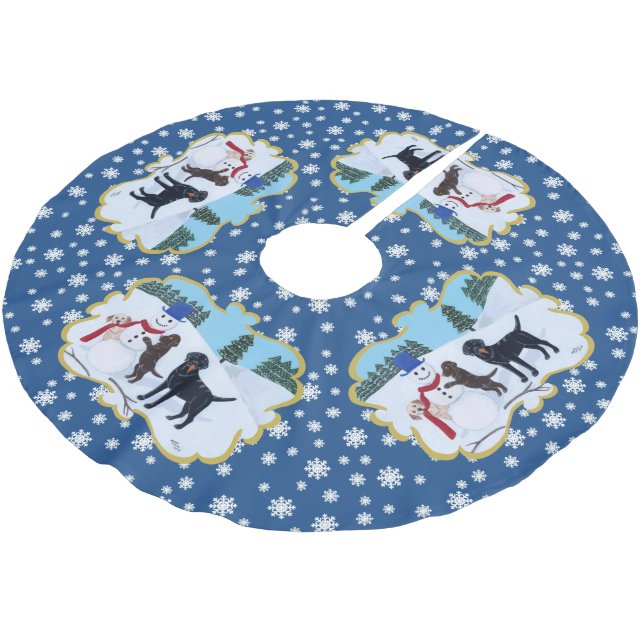 Labrador Christmas with Snowman Brushed Polyester Tree Skirt (Angled)