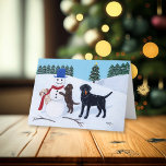 Labrador Christmas with Snowman Holiday Card<br><div class="desc">Labrador Christmas with Snowman Holiday Card for Labrador Fans. Three Labrador dogs are playing with their snowman in the white snow field. Typical Christmas Holiday season scene. Whimsical Labrador Retriever painting painted by Naomi Ochiai from Japan. Yellow Labrador and Chocolate Labrador and Black Labrador are all painted in the picture....</div>