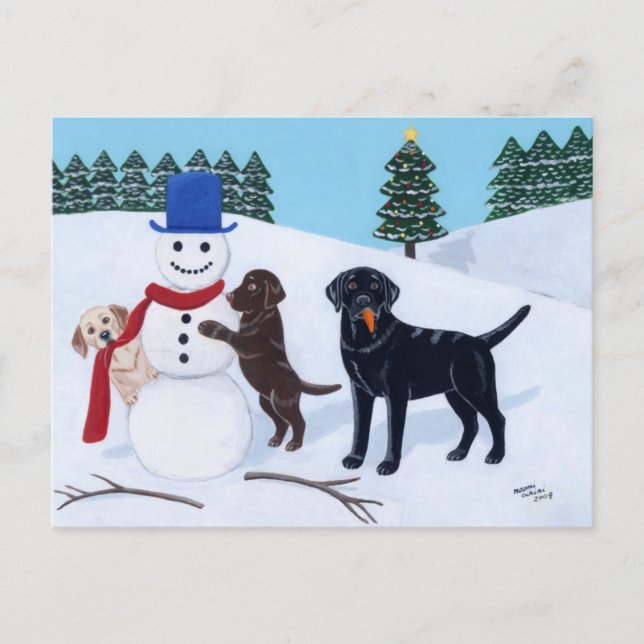 Labrador Christmas with Snowman Holiday Postcard (Front)