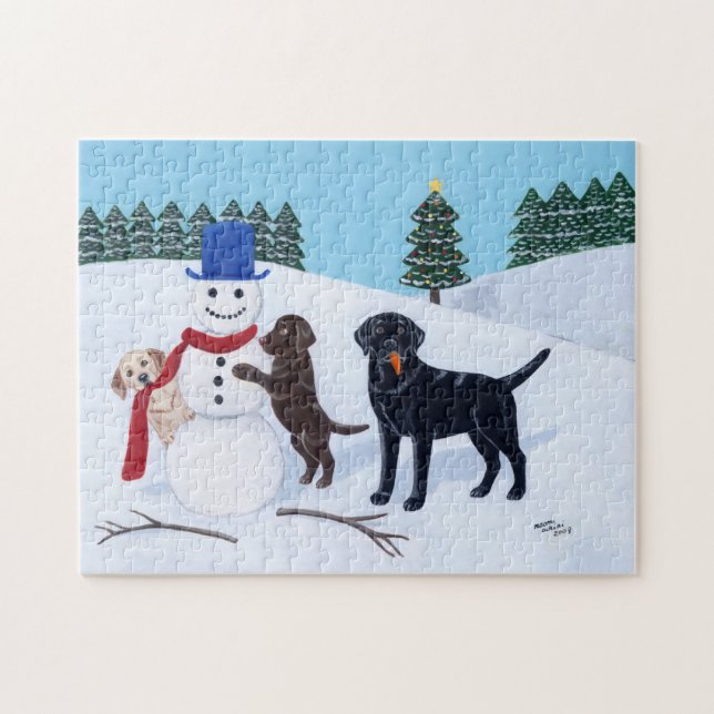 Labrador Christmas with Snowman Jigsaw Puzzle (Horizontal)