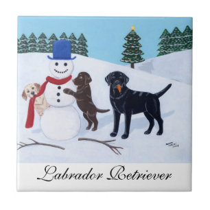 Labrador Christmas with Snowman Painting Tile