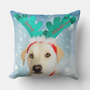 Labrador Dog Christmas Antlers Cute Throw Cushion