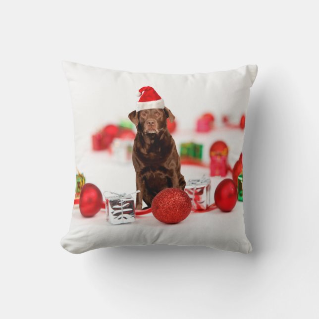 Labrador Dog Christmas w Gifts Santa Hat Pillow (Front)