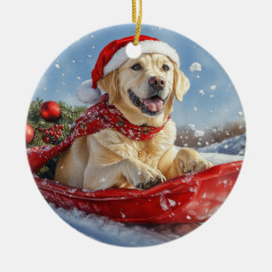 Labrador Dog in Sledge Let it Snow Christmas Ceramic Ornament