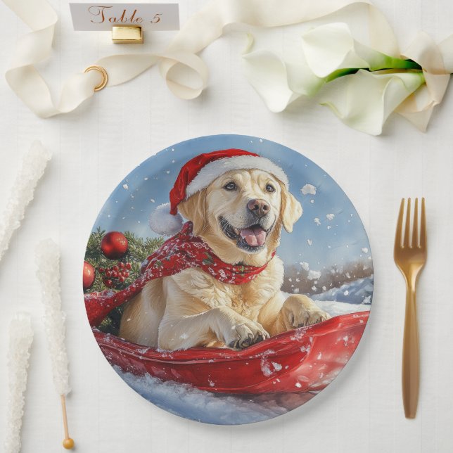 Labrador Dog in Sledge Let it Snow Christmas Paper Plate (Wedding)