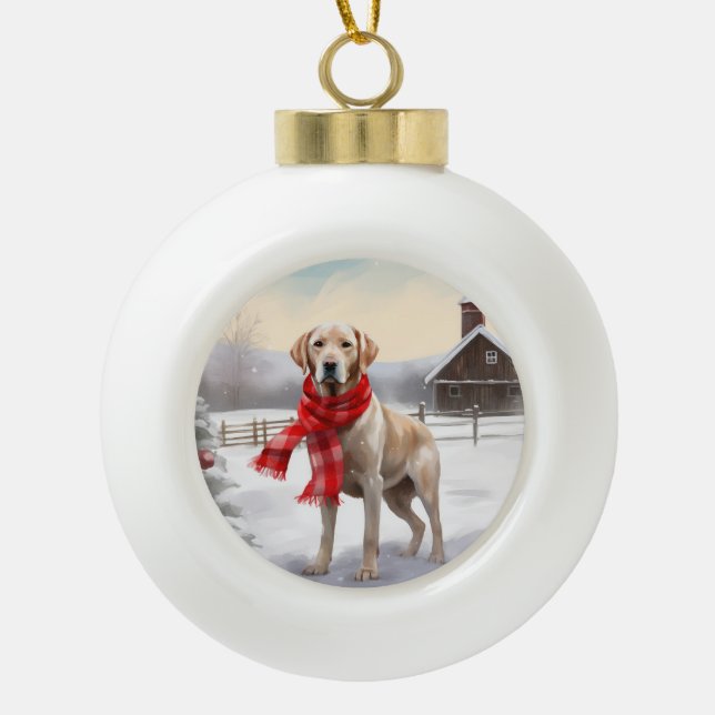 Labrador Dog in Snow Christmas Ceramic Ball Christmas Ornament (Front)