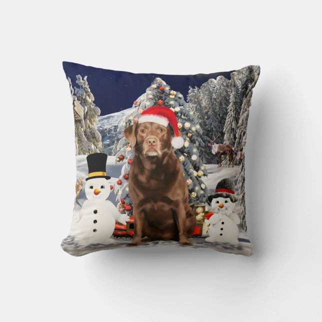 Labrador Dog in Snow Christmas Hat Lights Cushion (Front)