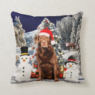 Labrador Dog in Snow Christmas Hat Lights Cushion