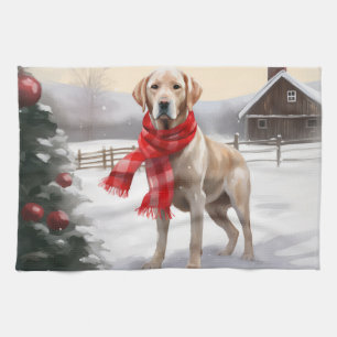 Labrador Dog in Snow Christmas Tea Towel