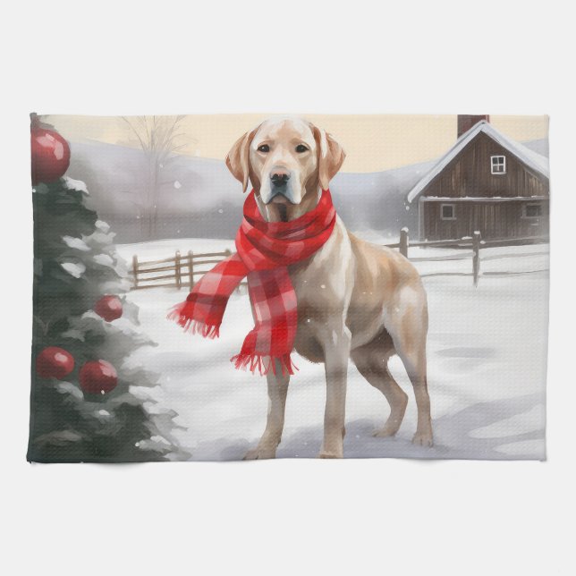 Labrador Dog in Snow Christmas Tea Towel (Horizontal)