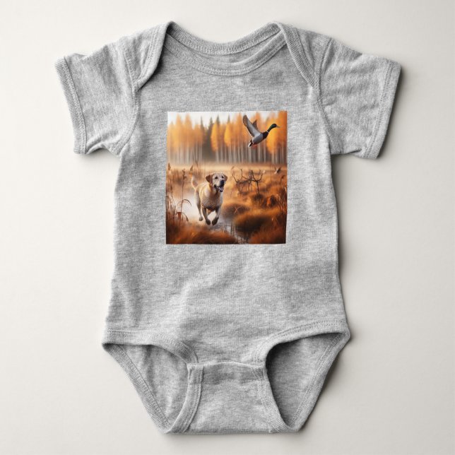 Labrador/dog in the autumn duck hunt baby bodysuit (Front)