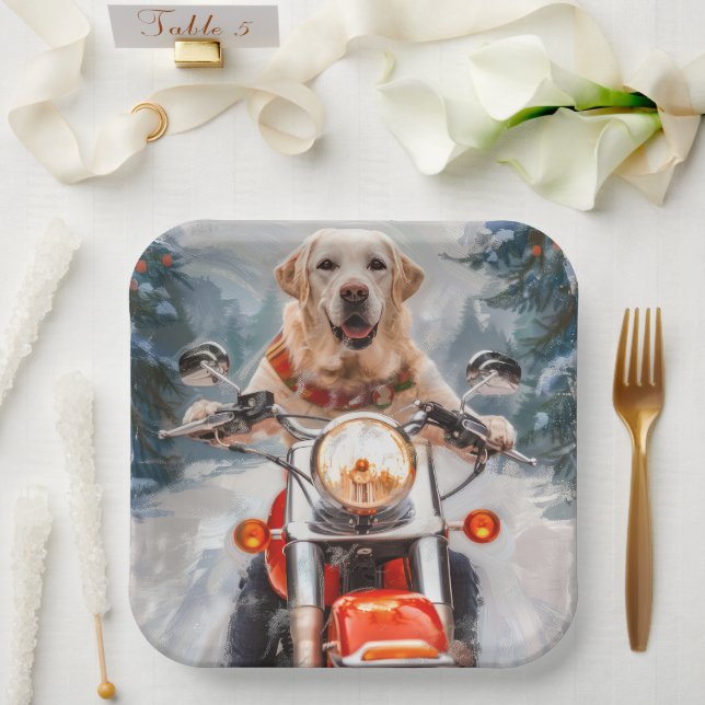 Labrador Dog Riding Motorcycle Christmas Paper Plate (Wedding)