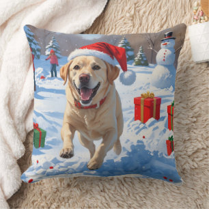 Labrador Dog Running in Snow with Christmas Hat Cushion