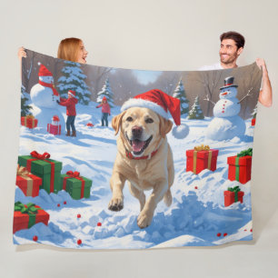 Labrador Dog Running in Snow with Christmas Hat Fleece Blanket
