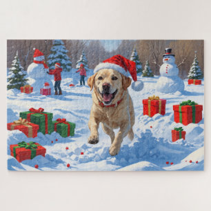 Labrador Dog Running in Snow with Christmas Hat Jigsaw Puzzle