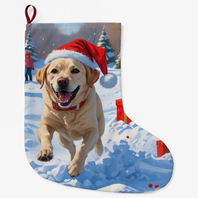 Labrador Dog Running in Snow with Christmas Hat Large Christmas Stocking (Front)