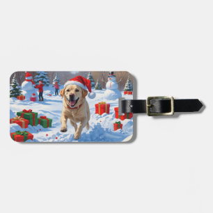 Labrador Dog Running in Snow with Christmas Hat Luggage Tag