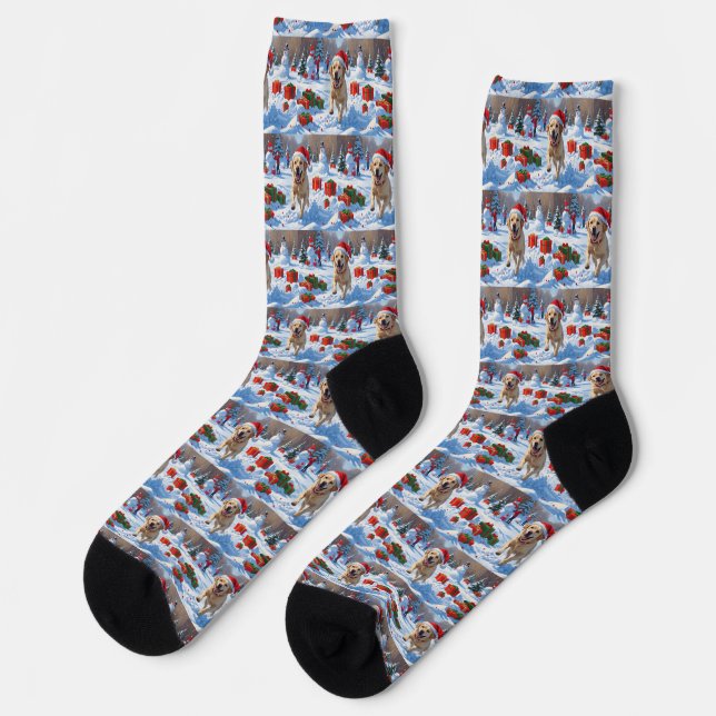 Labrador Dog Running in Snow with Christmas Hat Socks (Left)