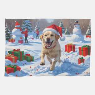 Labrador Dog Running in Snow with Christmas Hat Tea Towel