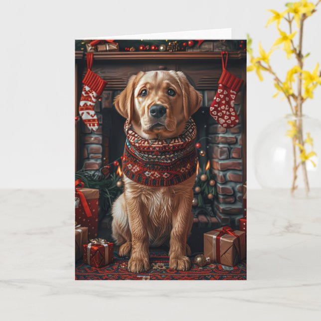 Labrador Dog With Christmas Gifts Fireplace Card (Yellow Flower)