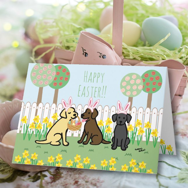 Labrador Easter Bunnies Garden Holiday Card (Yellow Lab and Chocolate Lab and Black Lab Easter Bunnies Greeting Cards.  Cute Labrador Cartoon.)