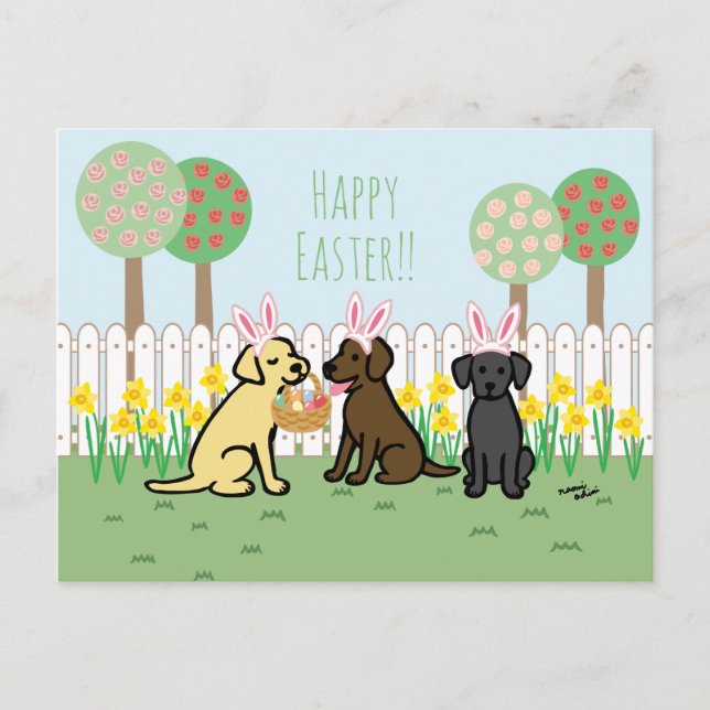 Labrador Easter Bunnies Garden Holiday Card (Front)