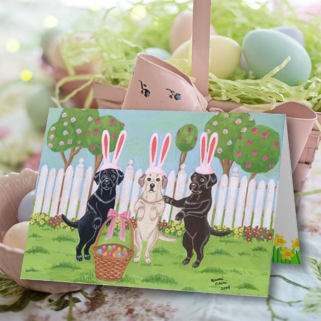 Labrador Easter Bunnies  Holiday Card (Labrador Easter Bunnies Greeting Card featuring three labs with Easter Bunny Ears.  Whimsical art.)