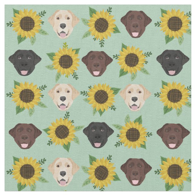 Labrador Faces Sunflowers mint Fabric (Close Up)