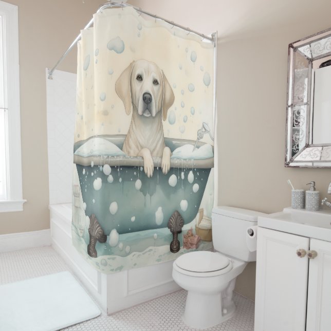 Labrador In Bathtub Watercolor Dog Art Shower Curtain (In Situ)